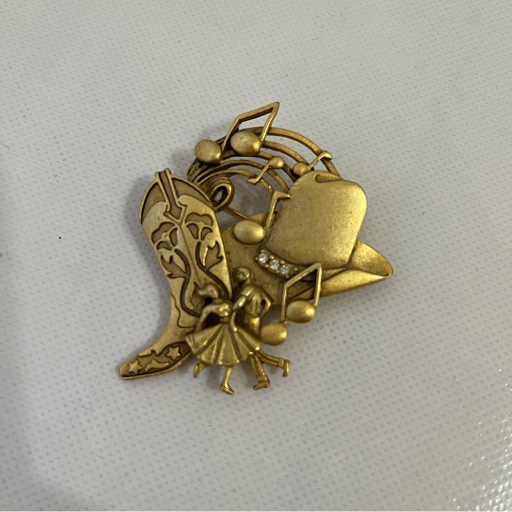 Vintage A.J.C. Square Dance Gold Tone Brooch Western
